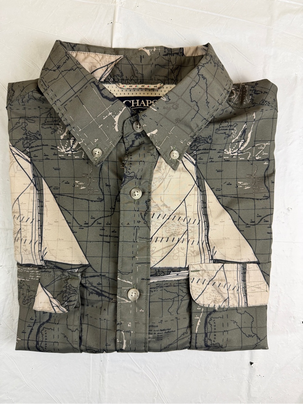 Chaps Olive & Cream Nautical‎ Map Print Button-Down Shirt